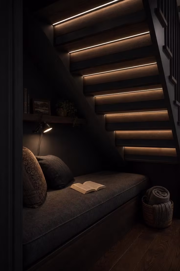 11 Dreamy Reading Nook Under Stairs Ideas Worth Copying 4 LED strip lights along stair treads glow above a dark charcoal reading nook under stairs with a slate linen cushion and clip-on lamp.