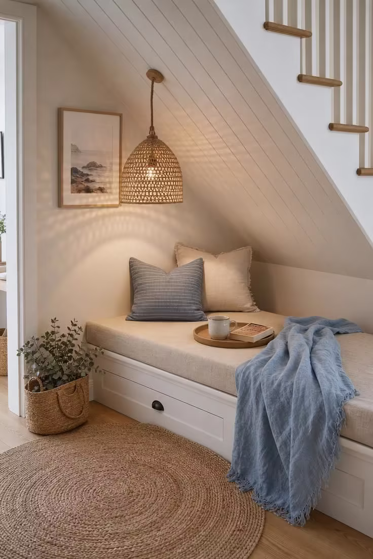11 Dreamy Reading Nook Under Stairs Ideas Worth Copying 5 A beadboard ceiling reading nook under stairs with a rattan pendant shade, pale sand linen cushion, and jute rug.