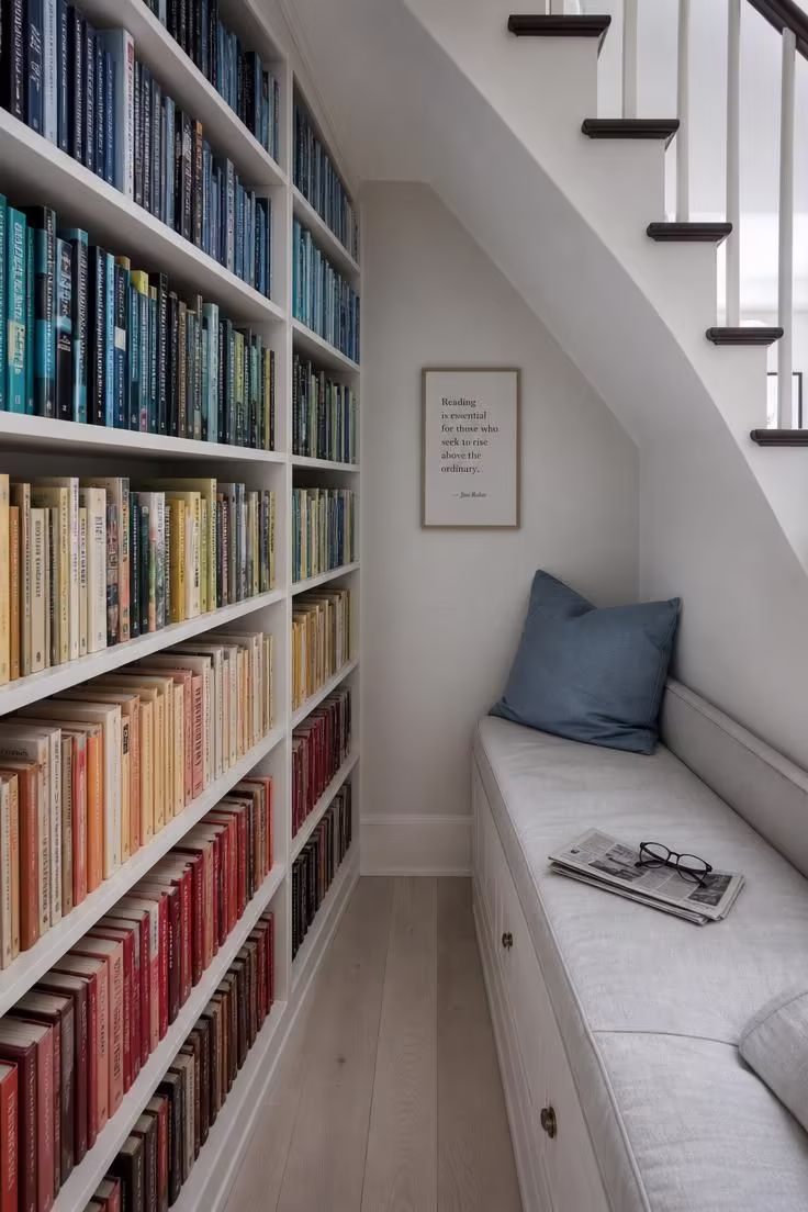 11 Dreamy Reading Nook Under Stairs Ideas Worth Copying 6 Floor-to-slope white bookshelves filled with color-sorted paperbacks line a reading nook under stairs with a dove cotton cushion.