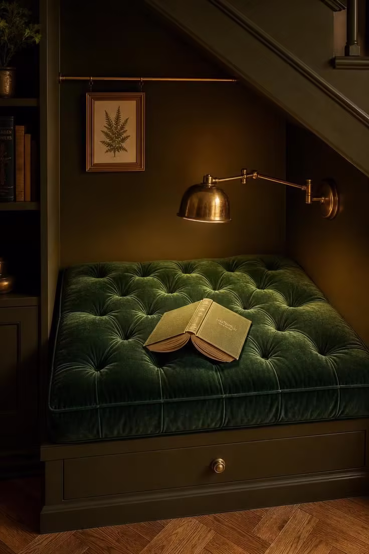 11 Dreamy Reading Nook Under Stairs Ideas Worth Copying 7 A deep emerald velvet tufted cushion and brass swing-arm lamp in a warm-lit reading nook under stairs with olive walls.