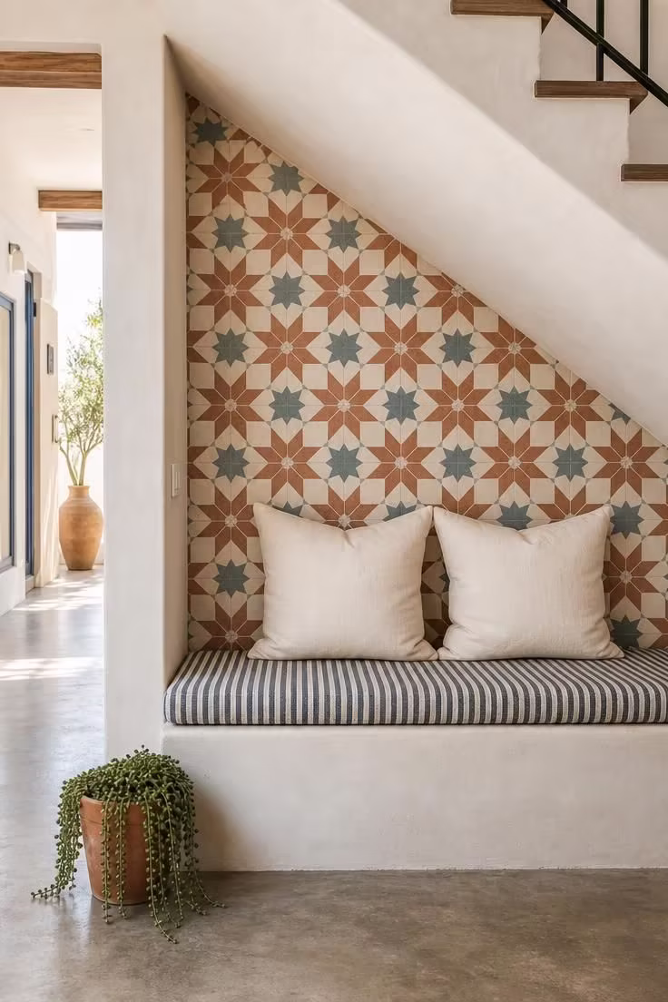 11 Dreamy Reading Nook Under Stairs Ideas Worth Copying 8 Moroccan encaustic tile accent wall in terra cotta and teal behind a striped cotton cushion in a bright reading nook under stairs.
