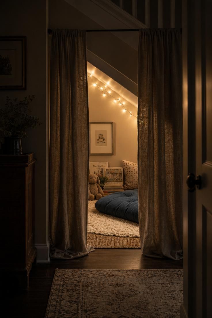 11 Dreamy Reading Nook Under Stairs Ideas Worth Copying 9 Linen curtains parted to reveal a fairy-light-lit reading nook under stairs with a faded indigo floor cushion and layered rugs.