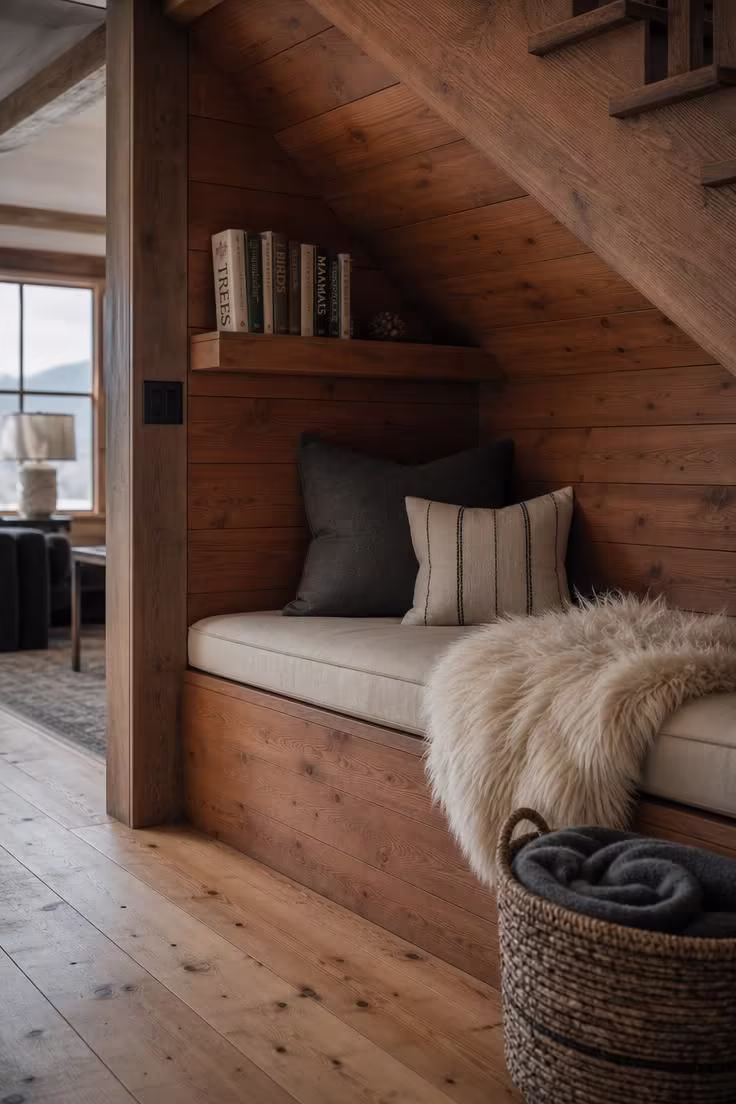 11 Dreamy Reading Nook Under Stairs Ideas Worth Copying 10 Cedar plank walls and ceiling in a reading nook under stairs with a sheepskin throw, undyed canvas cushion, and seagrass basket.