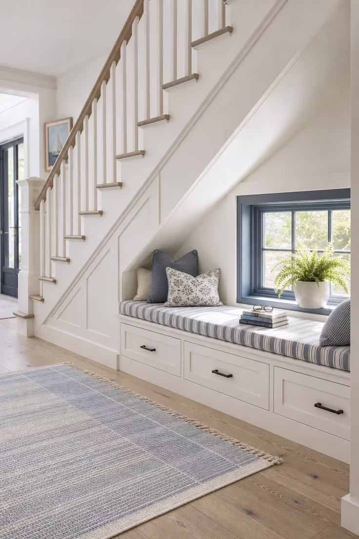11 Dreamy Reading Nook Under Stairs Ideas Worth Copying 11 A sunlit window seat reading nook under stairs with ticking stripe cushion, potted fern, and matching slate blue window frame.