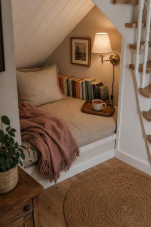 An overhead view of a cozy reading nook under stairs with an oatmeal linen cushion, dusty rose throw, paperbacks, and brass sconce.