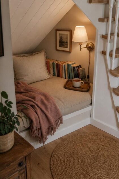 11 Dreamy Reading Nook Under Stairs Ideas Worth Copying An overhead view of a cozy reading nook under stairs with an oatmeal linen cushion, dusty rose throw, paperbacks, and brass sconce.