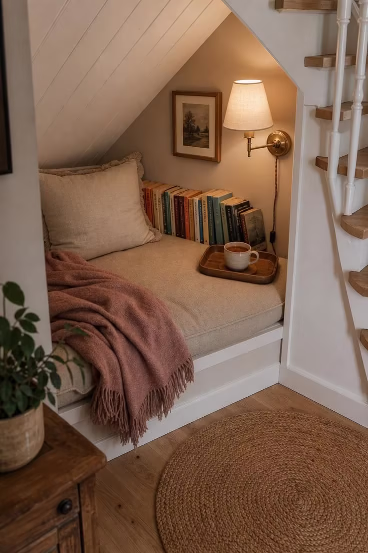 Simple Spaces 16 An overhead view of a cozy reading nook under stairs with an oatmeal linen cushion, dusty rose throw, paperbacks, and brass sconce.