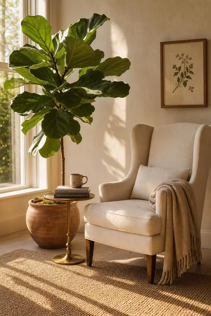 13 Cozy Reading Nook with Plants Ideas You Will Love 1 A cream linen wingback chair beside a large fiddle leaf fig in a terracotta pot, bathed in warm golden afternoon light near a tall window.
