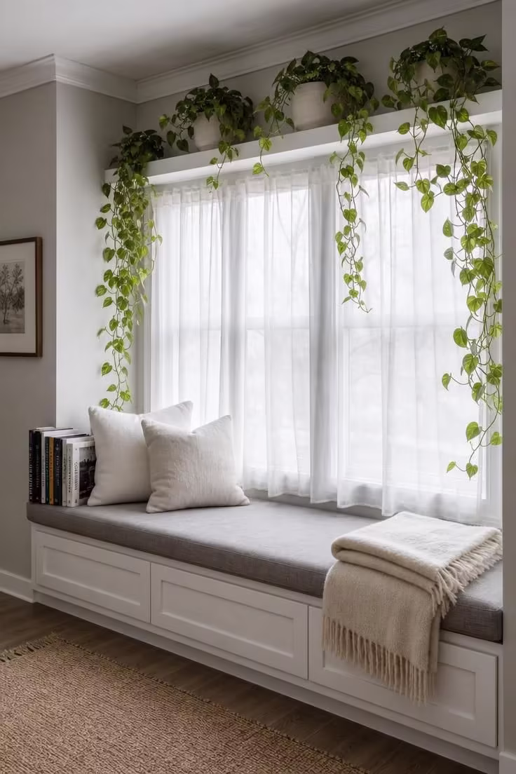 13 Cozy Reading Nook with Plants Ideas You Will Love 2 A built-in window seat with gray linen cushions under a white floating shelf holding trailing golden pothos vines that cascade down the window frame.
