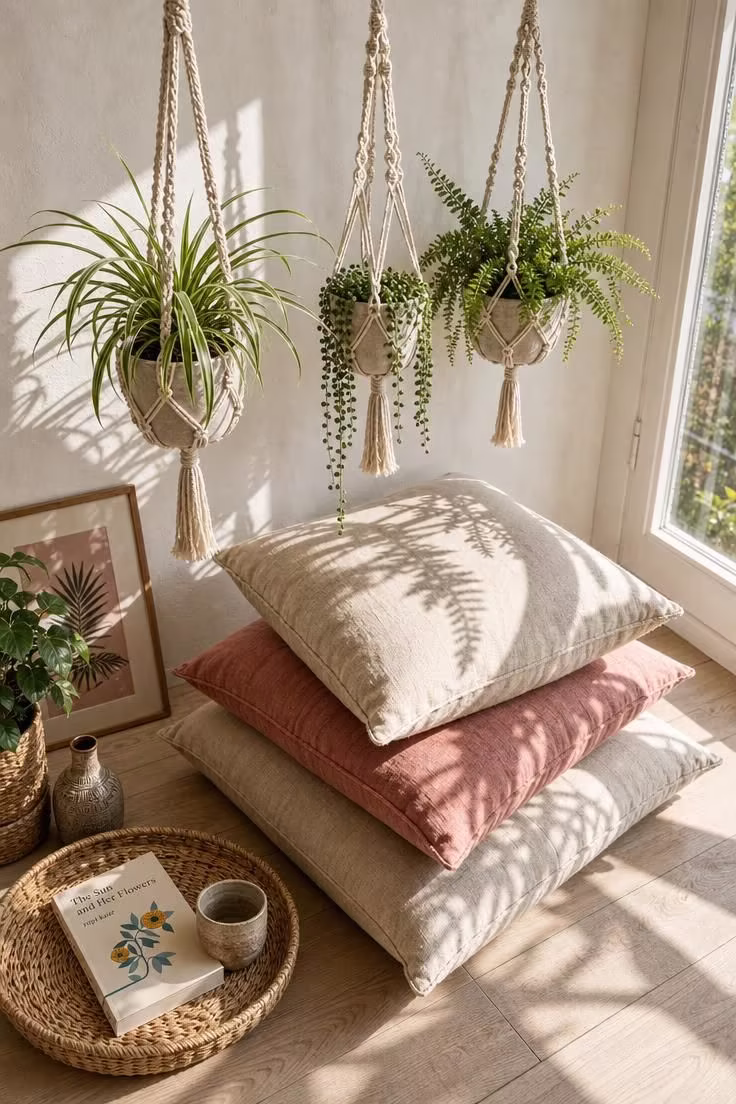 13 Cozy Reading Nook with Plants Ideas You Will Love 3 Three macrame plant hangers holding a spider plant, string of pearls, and small fern suspended above dusty rose and linen floor cushions in bright midday light.