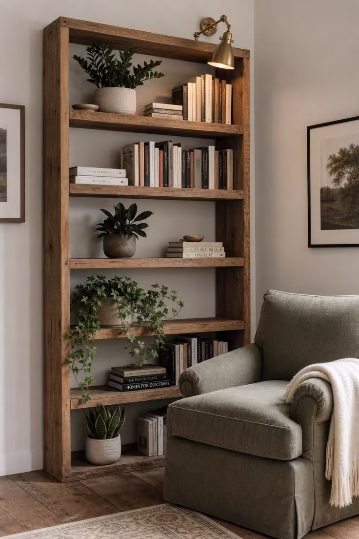 13 Cozy Reading Nook with Plants Ideas You Will Love 4 A tall reclaimed pine bookshelf with alternating rows of plants and books beside a sage green linen reading chair in soft diffused light.