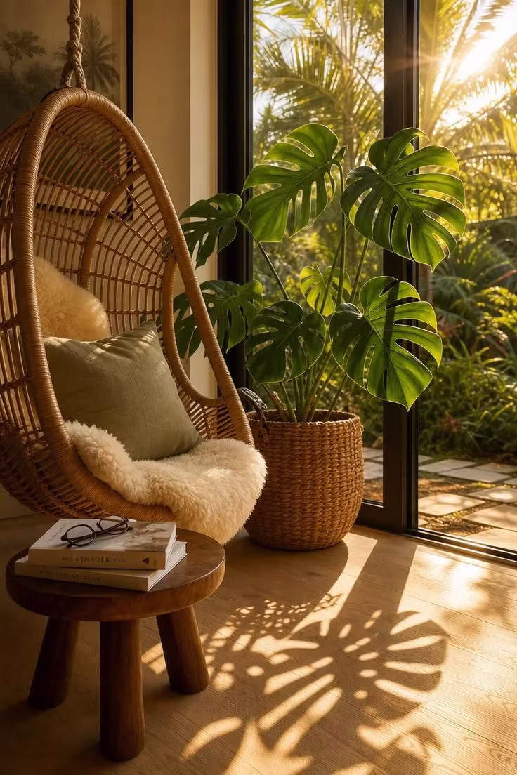 13 Cozy Reading Nook with Plants Ideas You Will Love 5 A rattan egg chair with sheepskin throw beside a large monstera in a woven basket, backlit by warm golden afternoon light through a glass patio door.