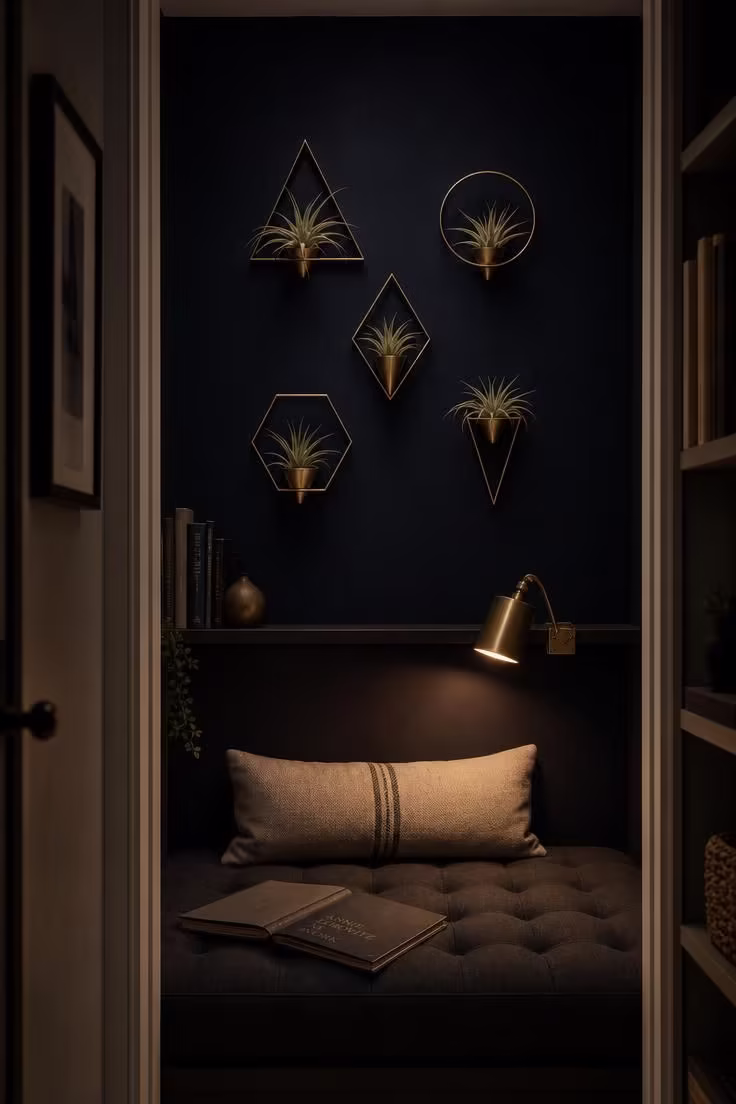 13 Cozy Reading Nook with Plants Ideas You Will Love 6 Five geometric brass wall-mounted holders with tillandsia air plants on a deep navy accent wall above a charcoal tufted wool bench in a moody reading alcove.