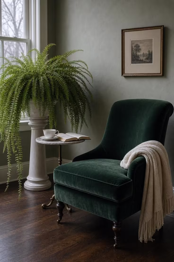 13 Cozy Reading Nook with Plants Ideas You Will Love 7 A deep green velvet slipper chair beside a cascading Boston fern on a white ceramic pedestal in cool overcast daylight against a pale sage wall.