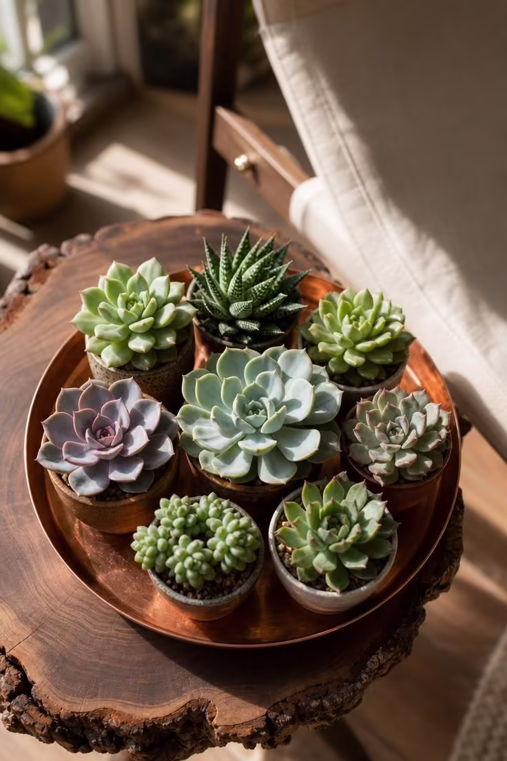 13 Cozy Reading Nook with Plants Ideas You Will Love 8 A close-up of six to eight small succulents on a round copper tray atop a live-edge walnut side table in bright midday sun from a south-facing window.