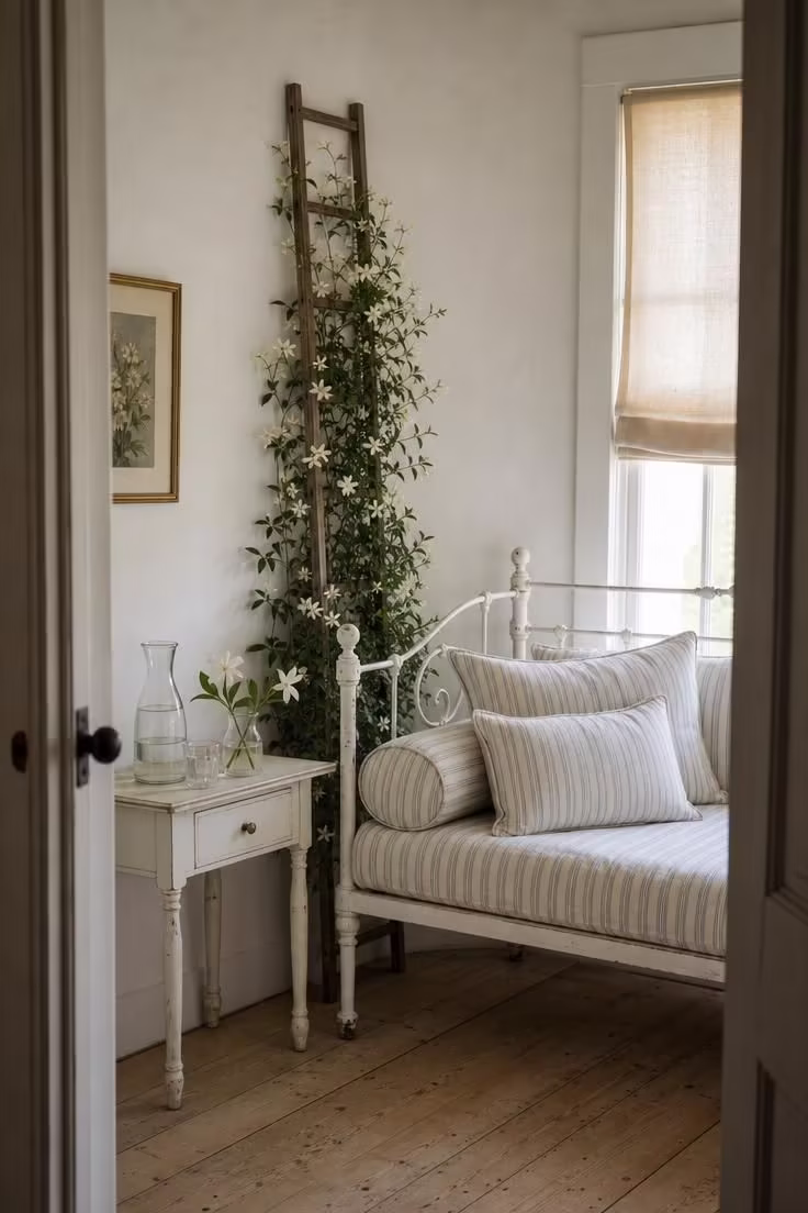 13 Cozy Reading Nook with Plants Ideas You Will Love 9 A narrow wooden trellis with climbing jasmine vines beside a white painted iron daybed with ticking stripe cushions in soft diffused light.