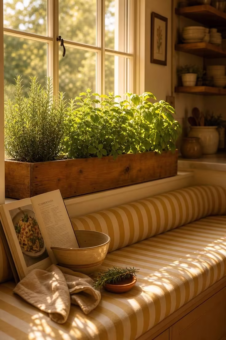 13 Cozy Reading Nook with Plants Ideas You Will Love 10 A wooden window box with rosemary, mint, and basil on a kitchen windowsill above a built-in bench with a mustard striped cushion in warm late-afternoon light.