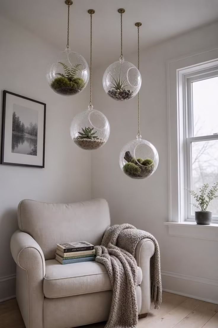 13 Cozy Reading Nook with Plants Ideas You Will Love 12 Four glass globe terrariums with moss, ferns, air plants, and succulents hung at varying heights above an oatmeal linen armchair in cool overcast light.