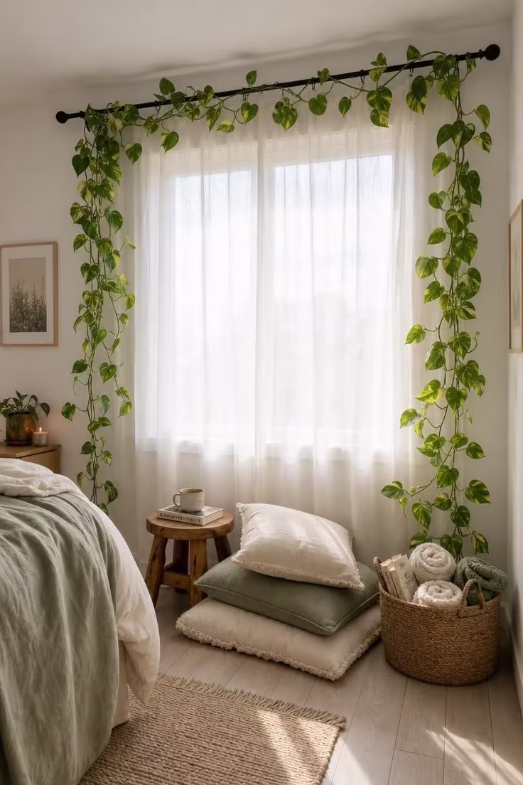 13 Cozy Reading Nook with Plants Ideas You Will Love 13 A golden pothos vine trained along a matte black curtain rod at ceiling height, framing a bedroom reading corner with linen floor pillows in soft diffused morning light.