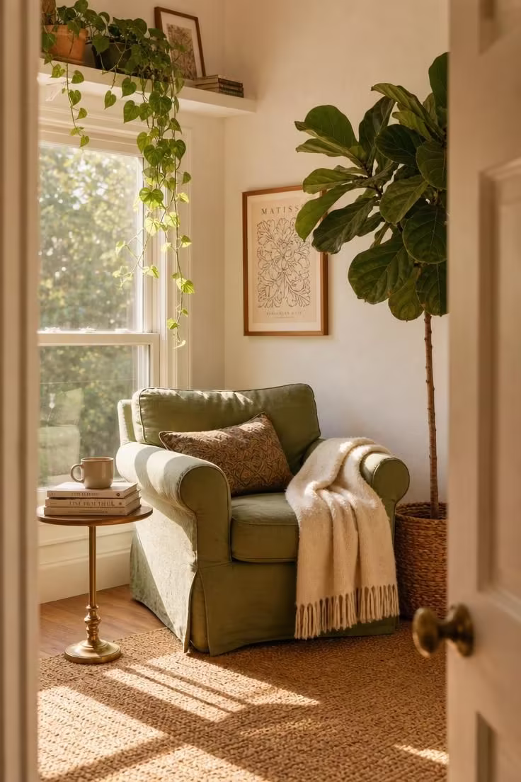 Simple Spaces 17 A cozy reading nook with a sage green linen armchair beside a fiddle leaf fig and trailing pothos, bathed in warm golden afternoon light in a bright living room.