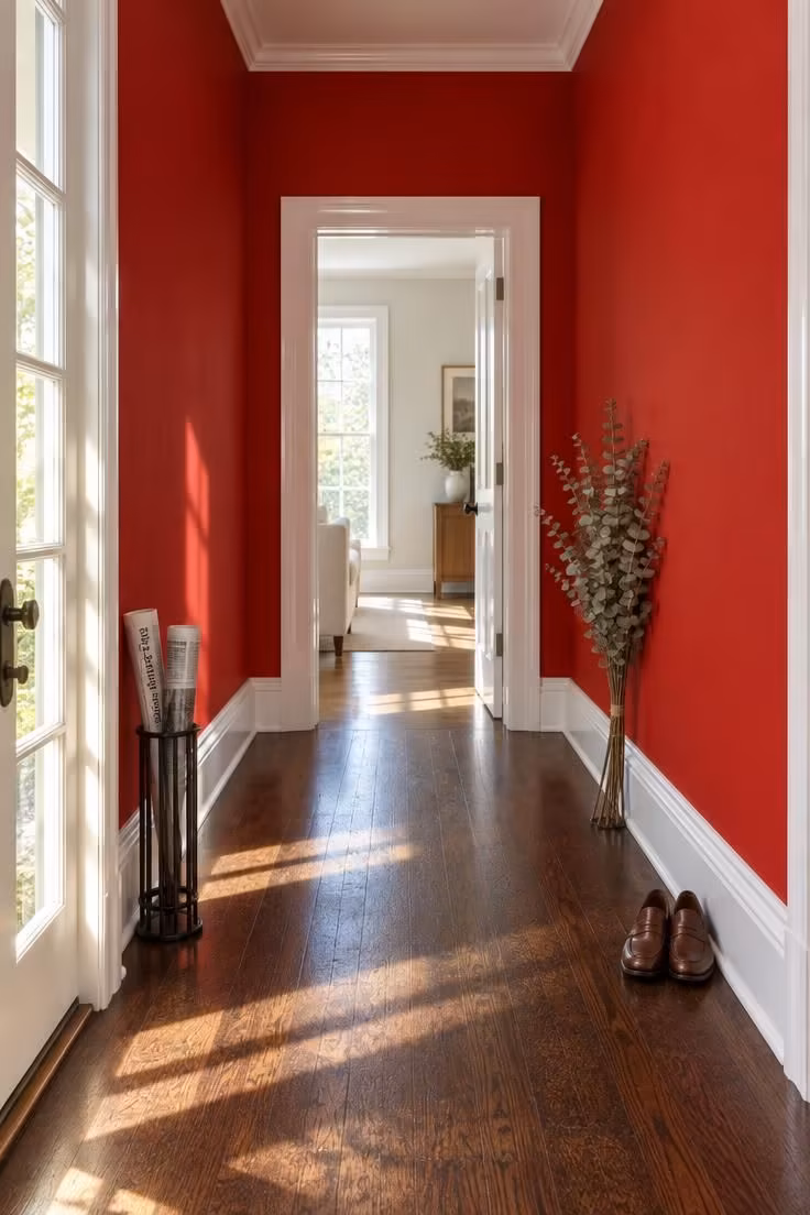A short sunlit entry corridor with saturated true-red walls, glossy white trim, and a dark stained wood floor leading to a doorway at the far end.