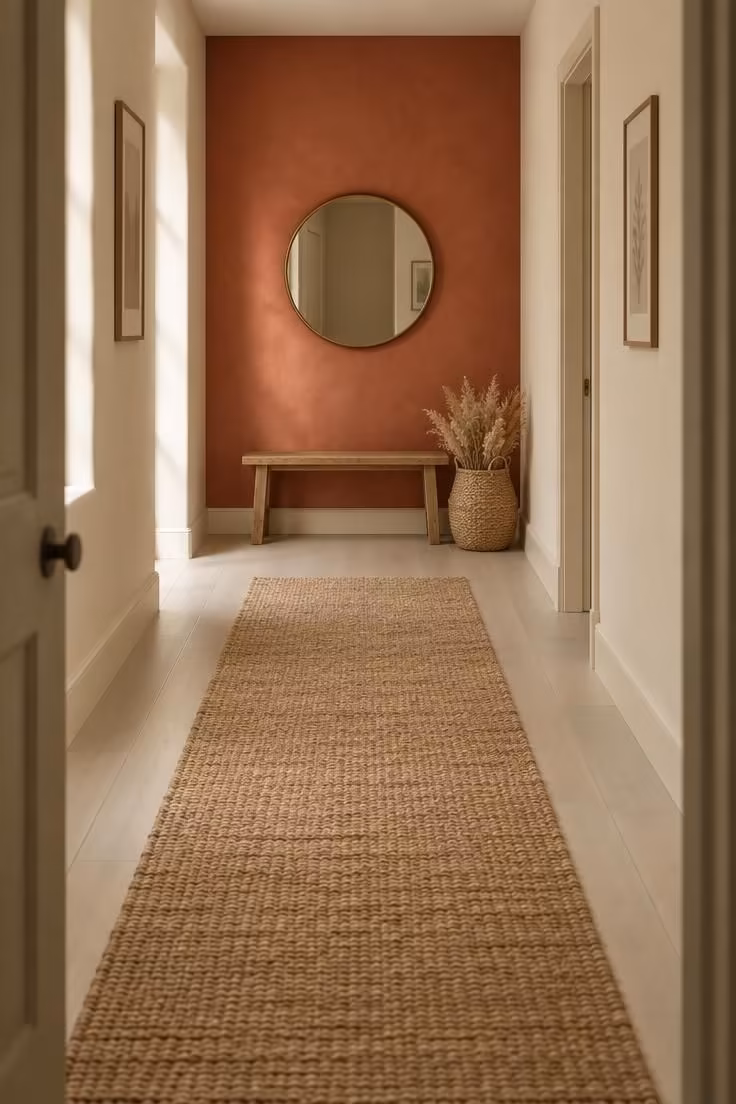 A neutral corridor looking toward a far end wall painted brick red, with a small bench under a round mirror and a jute runner on a pale floor.