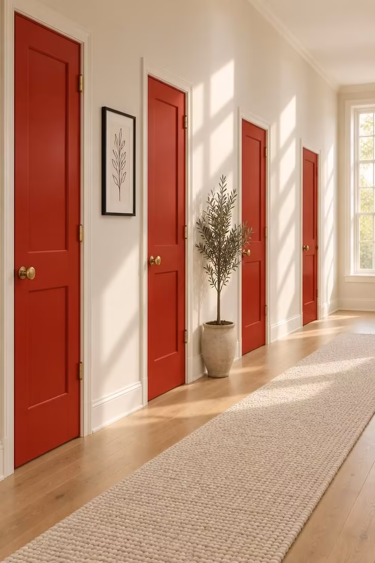 A pale hallway with four matching red-painted interior doors and brass knobs, an off-white runner, and a small olive tree between doors.