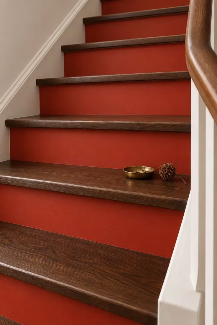 A close view of a staircase with red-painted risers and dark stained wood treads, framed by a white stringer and a simple wood handrail.