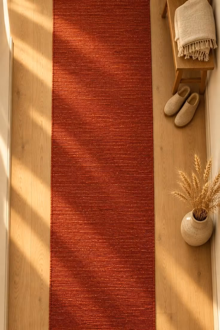 An overhead view of a long red flat-weave runner on a pale wood floor with bare floor margins on both sides and a small bench at the corner.