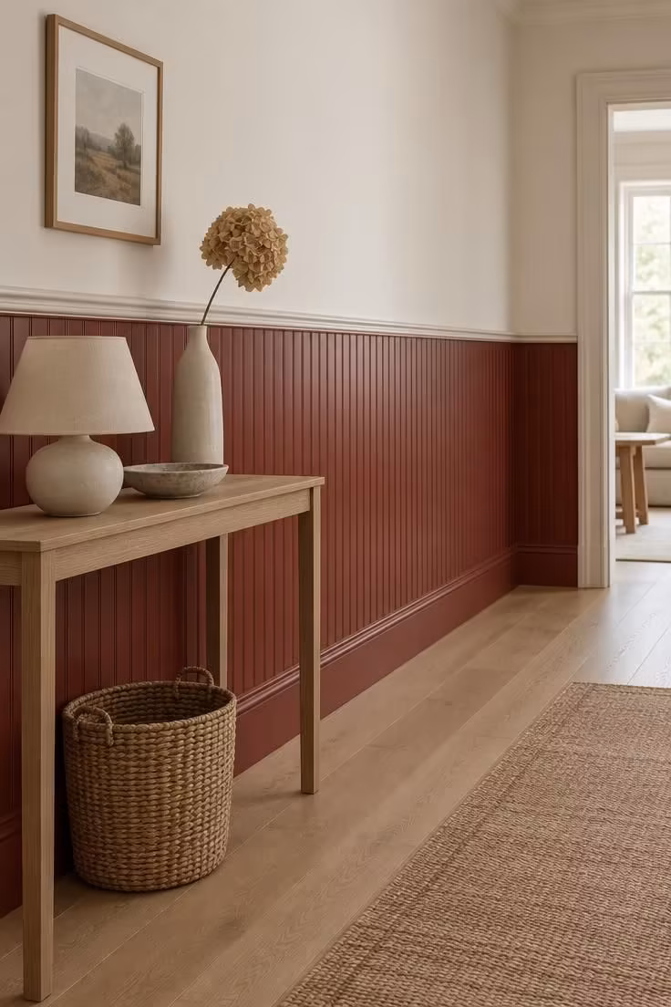 A corridor with red-painted beadboard wainscoting to chair-rail height, a pale warm-white upper wall, and a slim console table on the left.