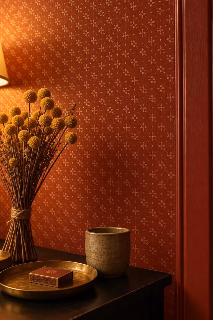 A close view of red wallpaper with a small repeating motif meeting a painted trim edge in a coordinating deeper red, lit by warm lamp light.