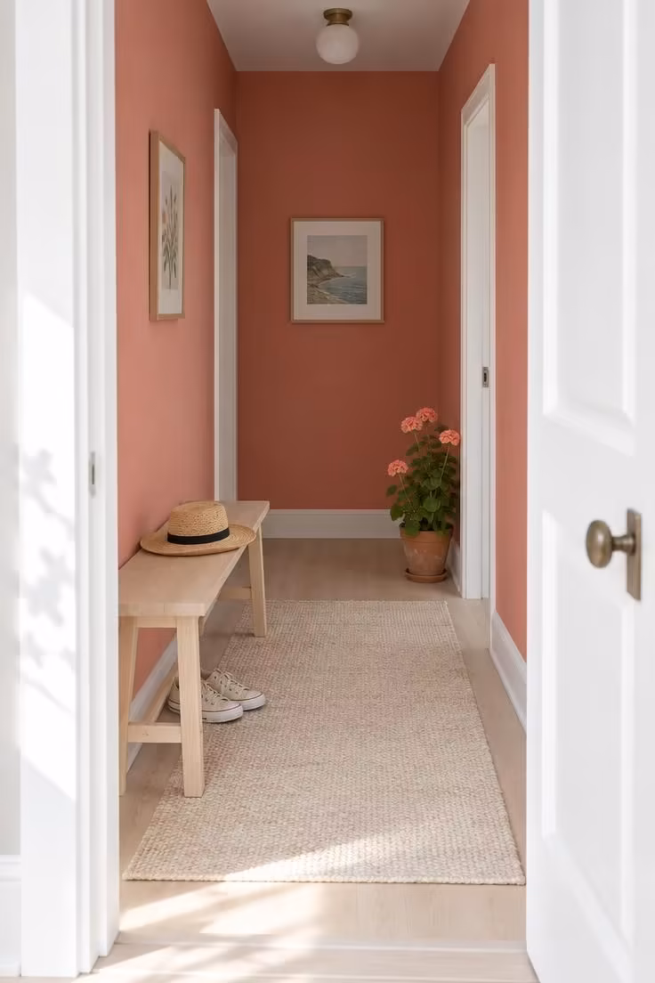 A small entry hallway seen through an open door, with coral-leaning red walls, crisp white trim, and a pale rug.