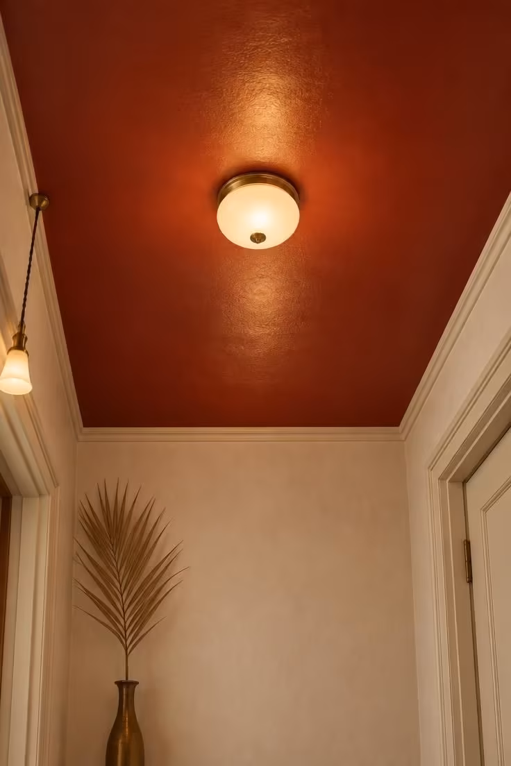 A view looking up at a red-painted ceiling in a pale-walled corridor, with a flush-mount fixture at the center and door tops at the frame edges.