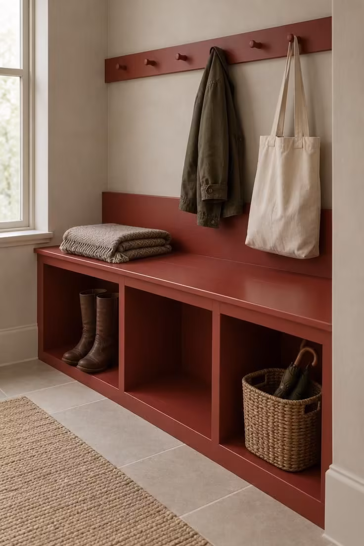 A corridor alcove with a red built-in bench with open cubbies beneath and pegs above, set against neutral putty-colored walls.