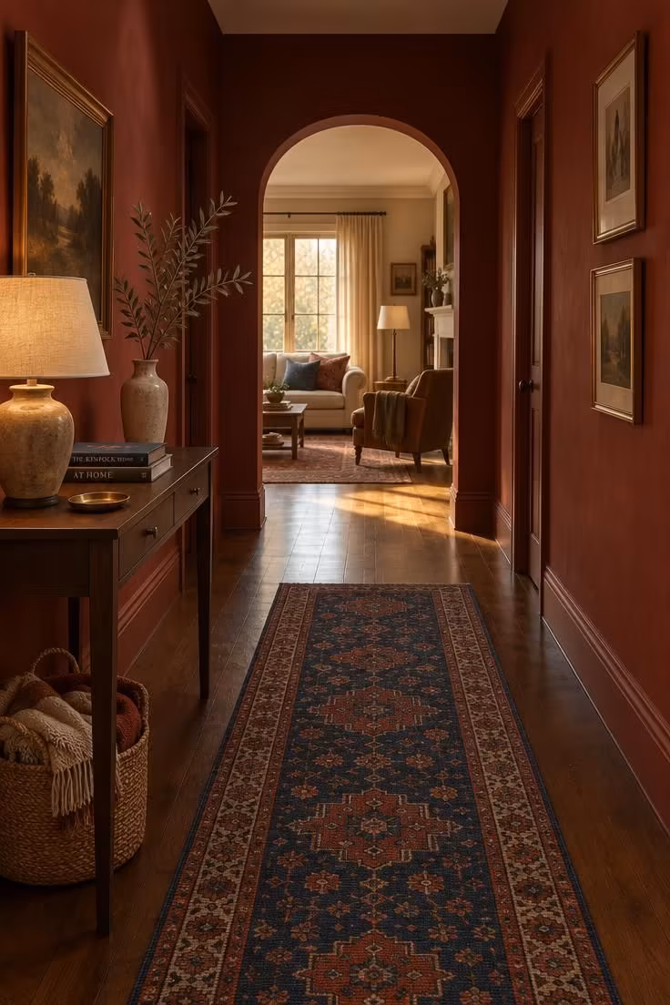 A warm deep red hallway with a patterned runner on dark wood, a slim console with a lamp and books, and an arched doorway opening to a lit living room.