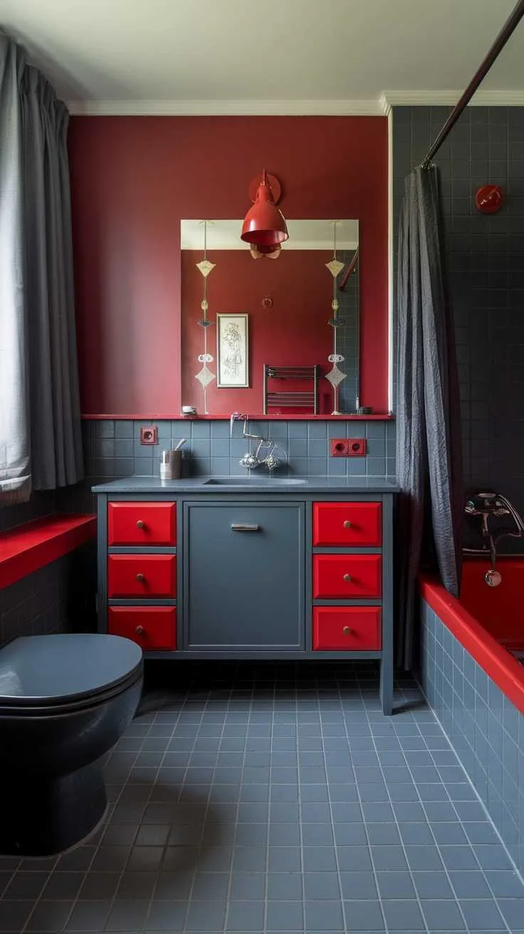 13 Red Bathroom Decor Ideas to Transform Your Space 12 A modern bathroom featuring red and gray decor with a stylish design.