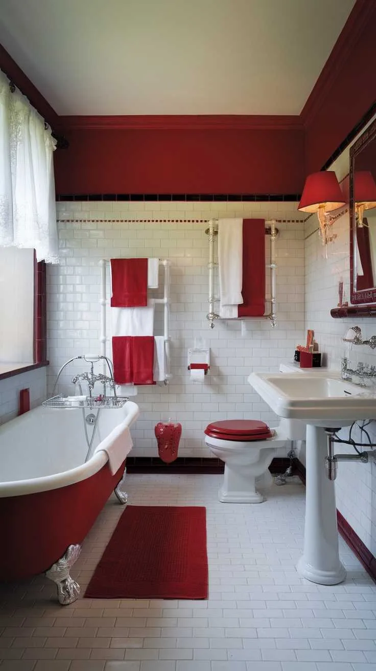 13 Red Bathroom Decor Ideas to Transform Your Space 6 A stylish bathroom featuring a red and white color scheme, with a clawfoot bathtub, red tiles, and decorative accents.