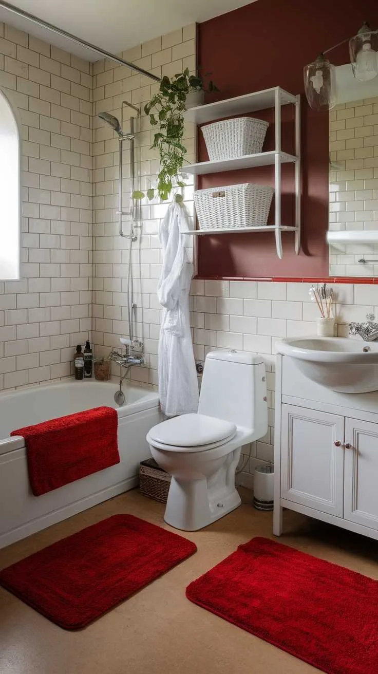 13 Red Bathroom Decor Ideas to Transform Your Space 2 A modern bathroom featuring red bath mats on a patterned floor, complemented by red towels and decor.