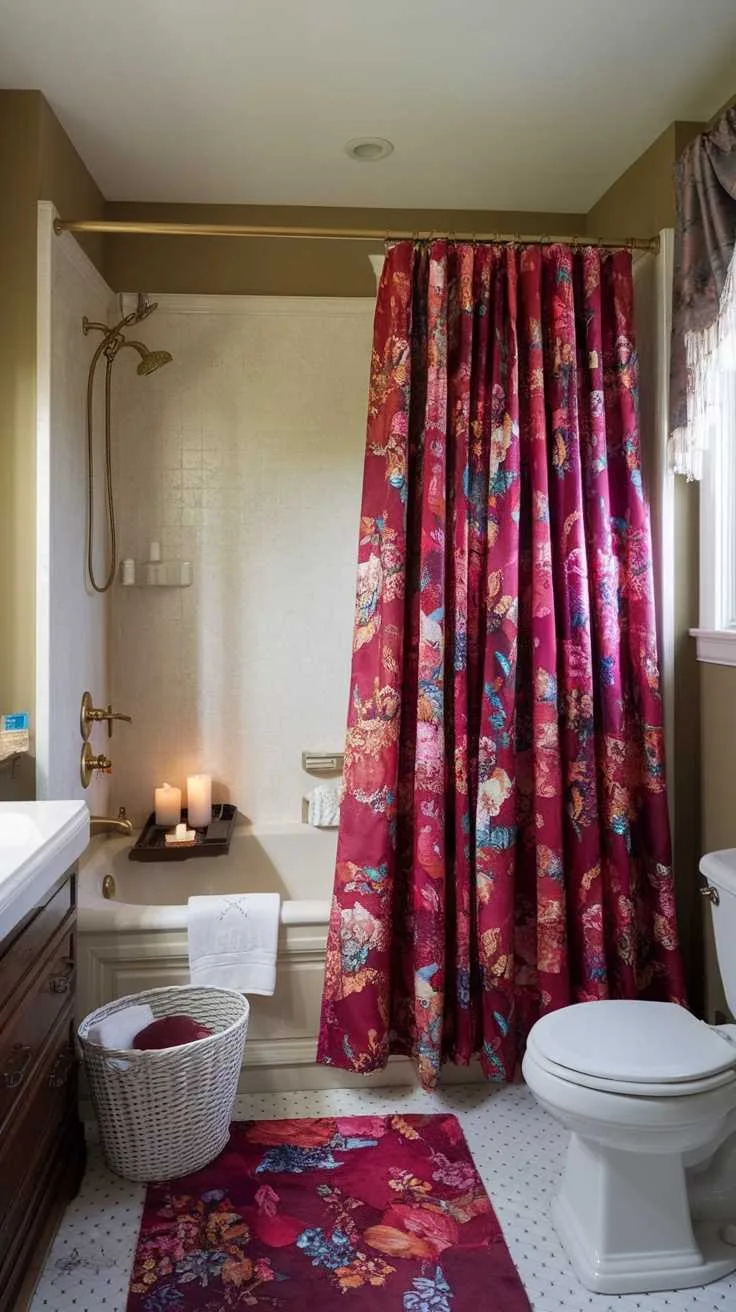 13 Red Bathroom Decor Ideas to Transform Your Space 1 A bathroom featuring a red floral shower curtain, red rug, and neutral walls.