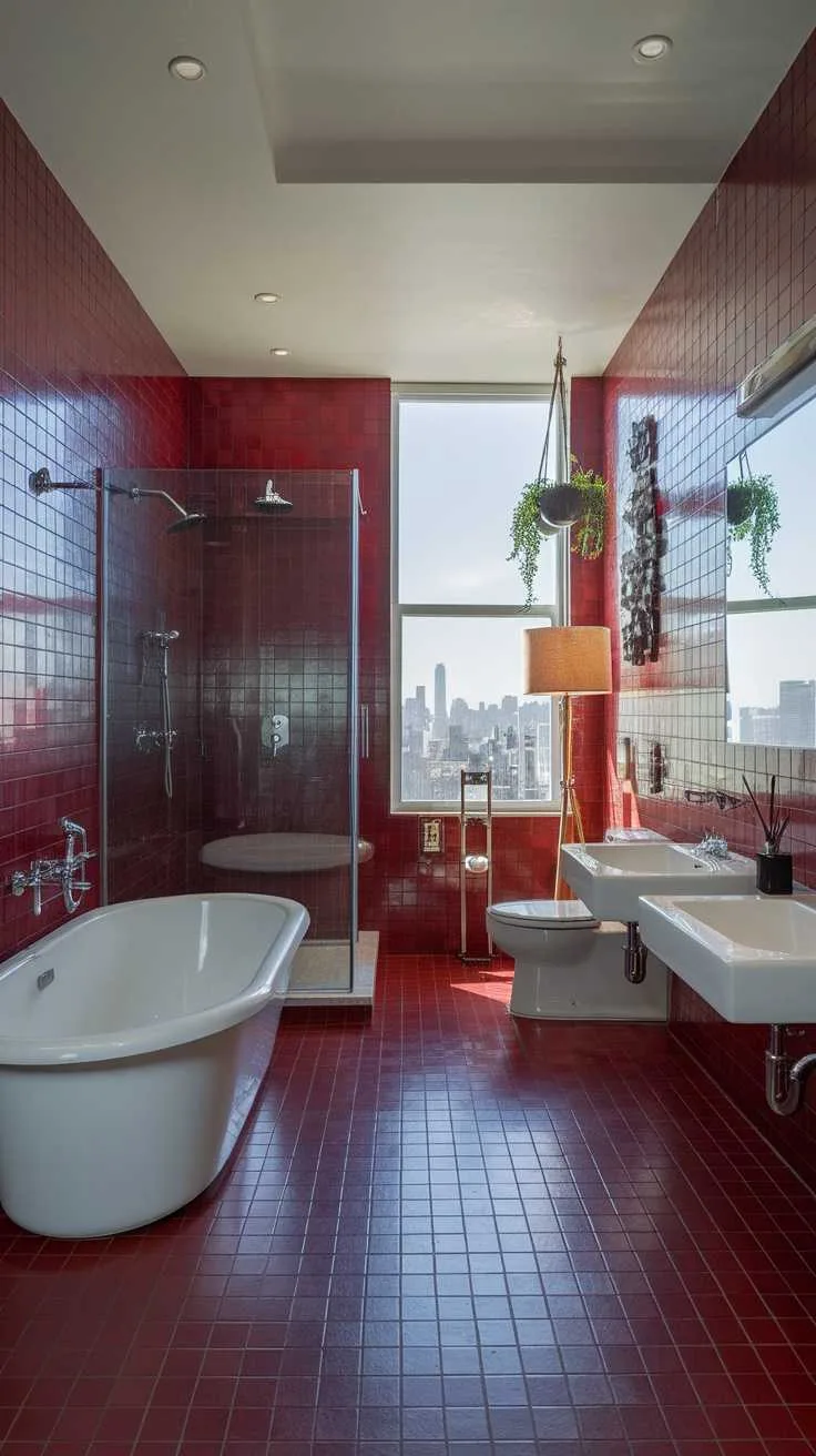 13 Red Bathroom Decor Ideas to Transform Your Space 4 A stylish red tile bathroom featuring a freestanding tub and modern fixtures.