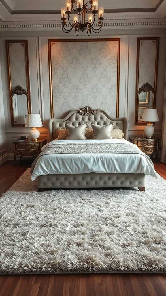 A luxurious bedroom featuring a plush area rug, elegant bedding, and stylish decor.