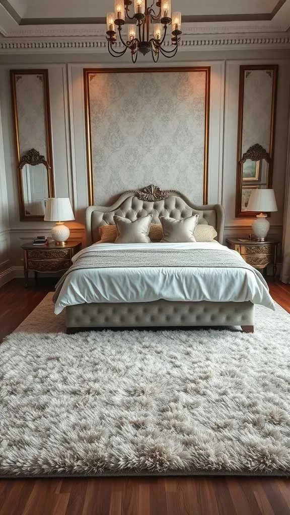 21 Elegant Bedroom Ideas for a Sophisticated Luxury Feel 6 A luxurious bedroom featuring a plush area rug, elegant bedding, and stylish decor.