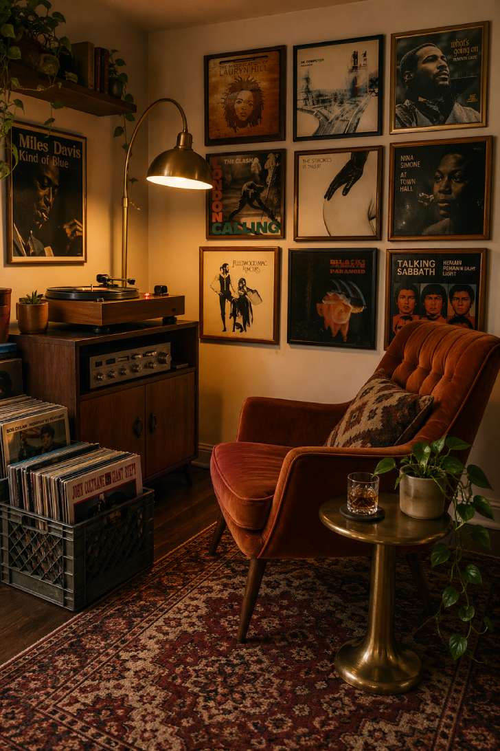 A retro vinyl listening corner with a walnut credenza, turntable, burnt orange velvet chair, and framed album covers on the wall.