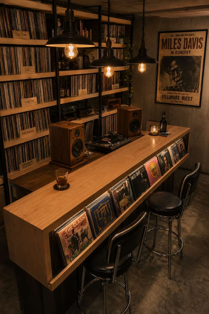 A retro basement record bar with a maple counter, floor-to-ceiling record shelving, chrome bar stools, and industrial pendant lights.