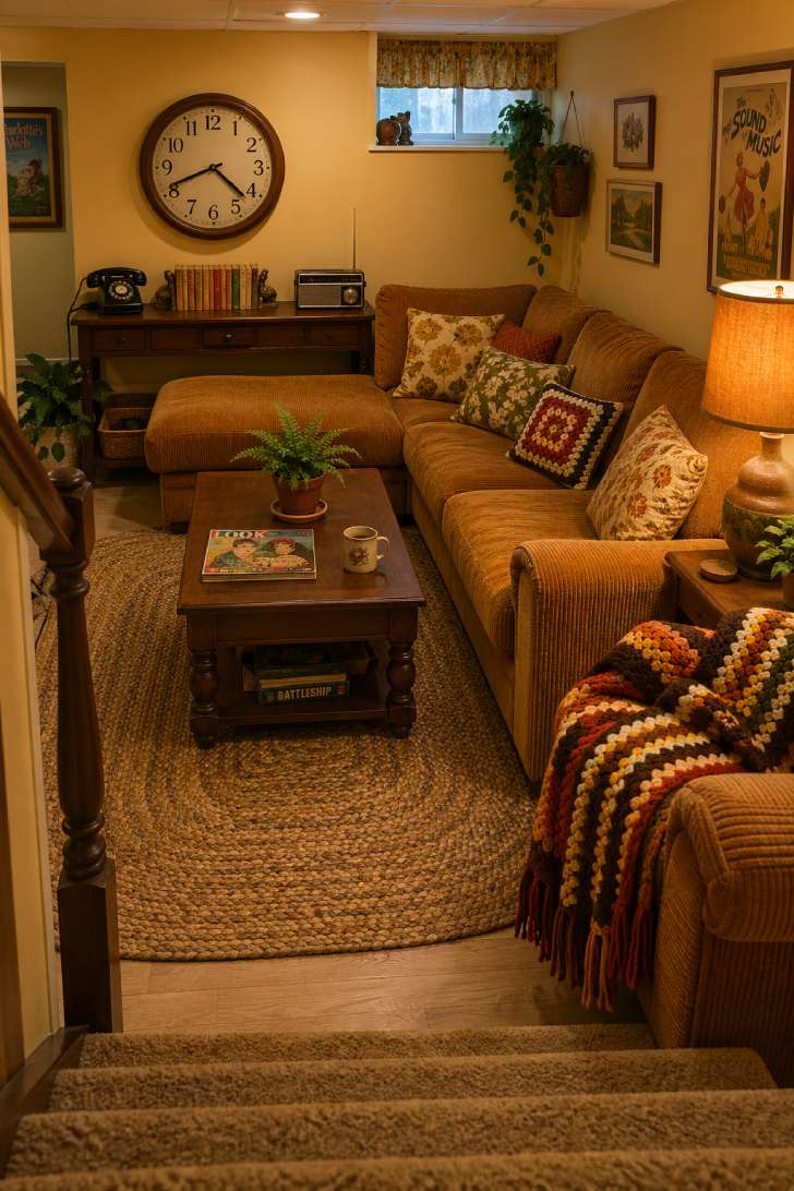 A nostalgic retro basement hangout with a camel corduroy sectional, vintage decor, butterscotch walls, and a crochet blanket draped over the sofa arm.