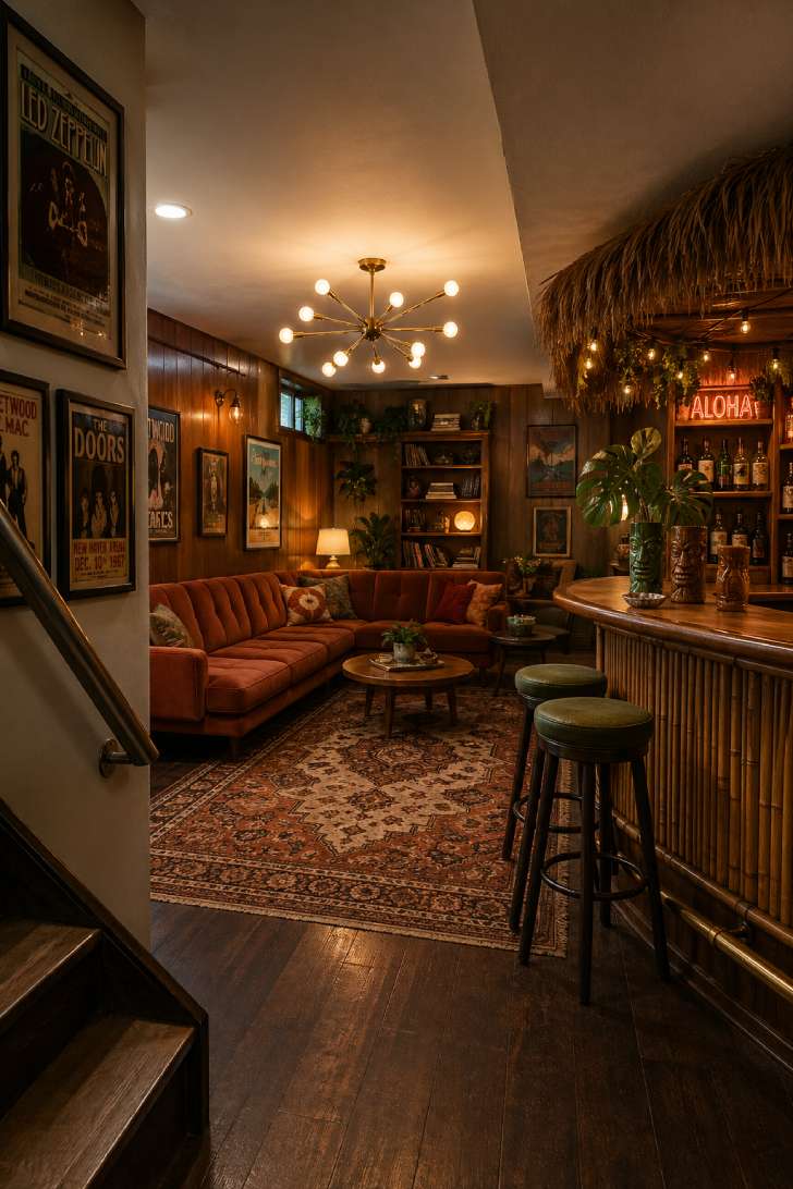A wide view of a retro basement combining a rust velvet sectional, wood paneling, a tiki bar, vintage rug, and Sputnik chandelier.