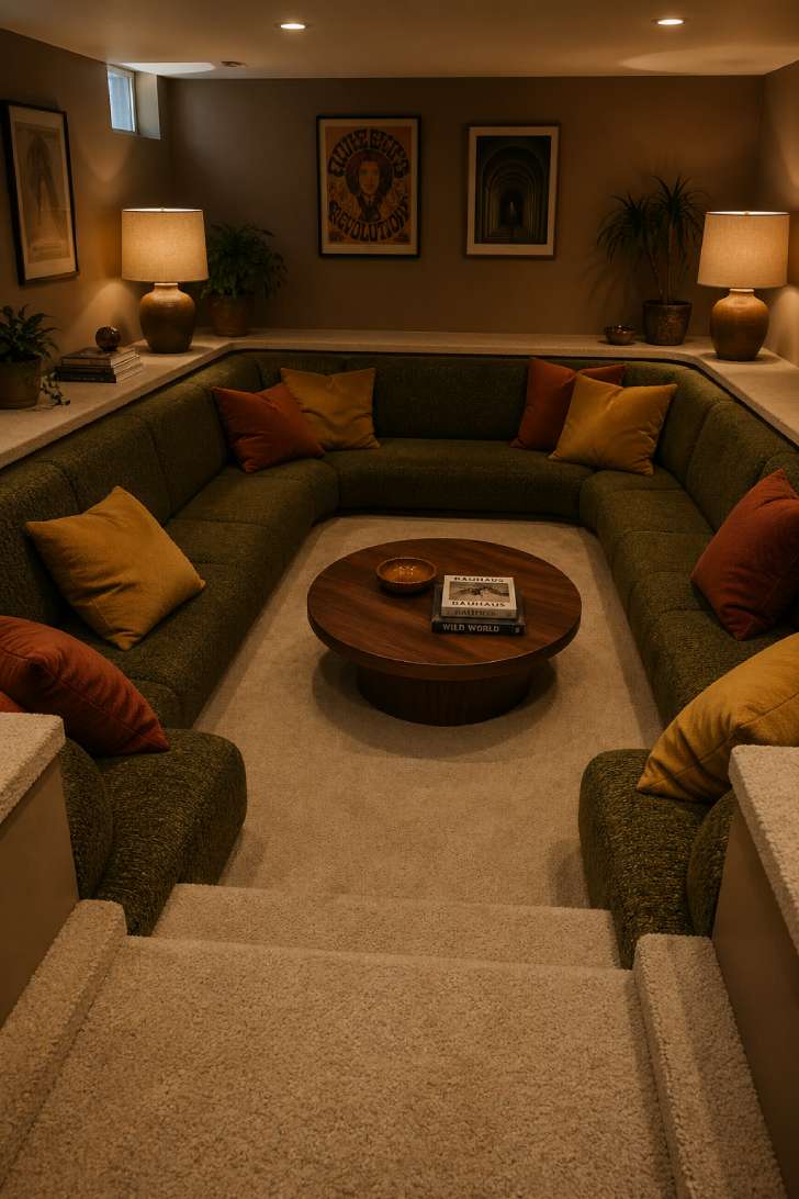 A sunken conversation pit in a retro basement with olive green boucle seating, mustard cushions, and a round walnut coffee table.