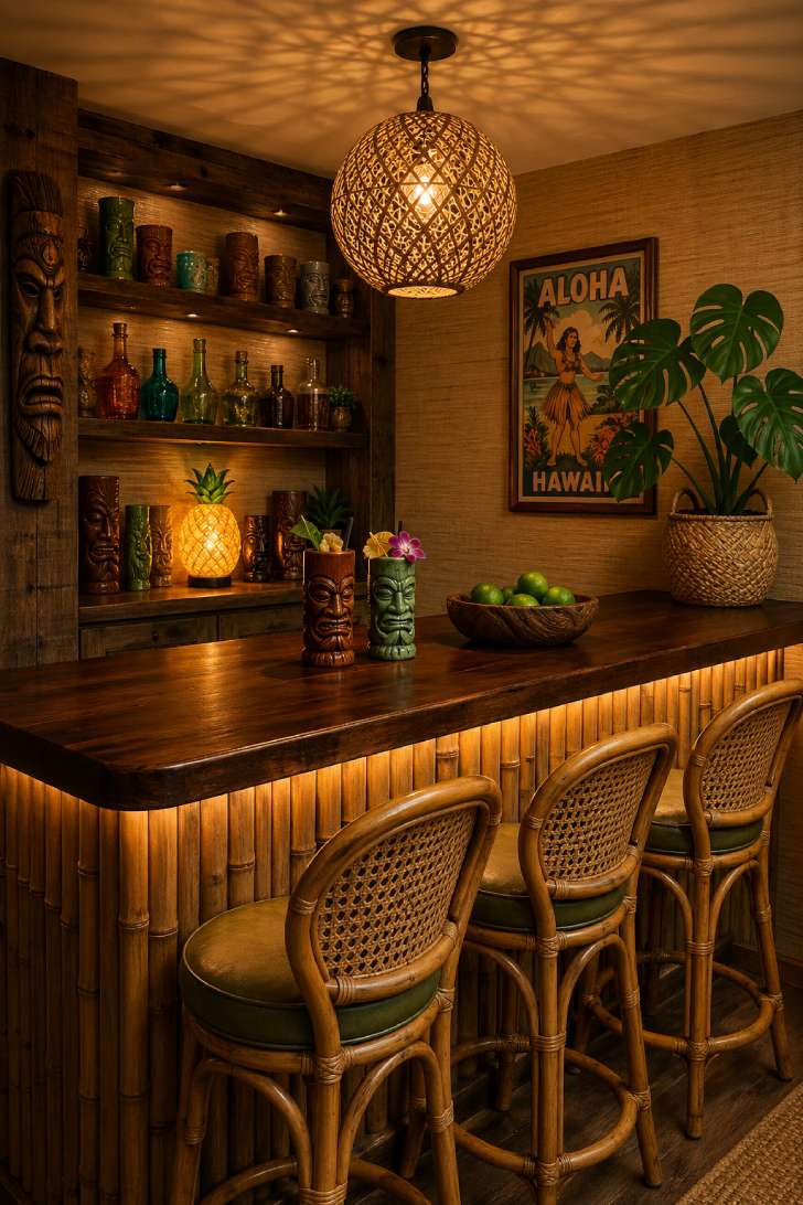 A tiki-themed retro basement bar with bamboo detailing, rattan stools, tiki mugs on open shelving, and a woven pendant light.