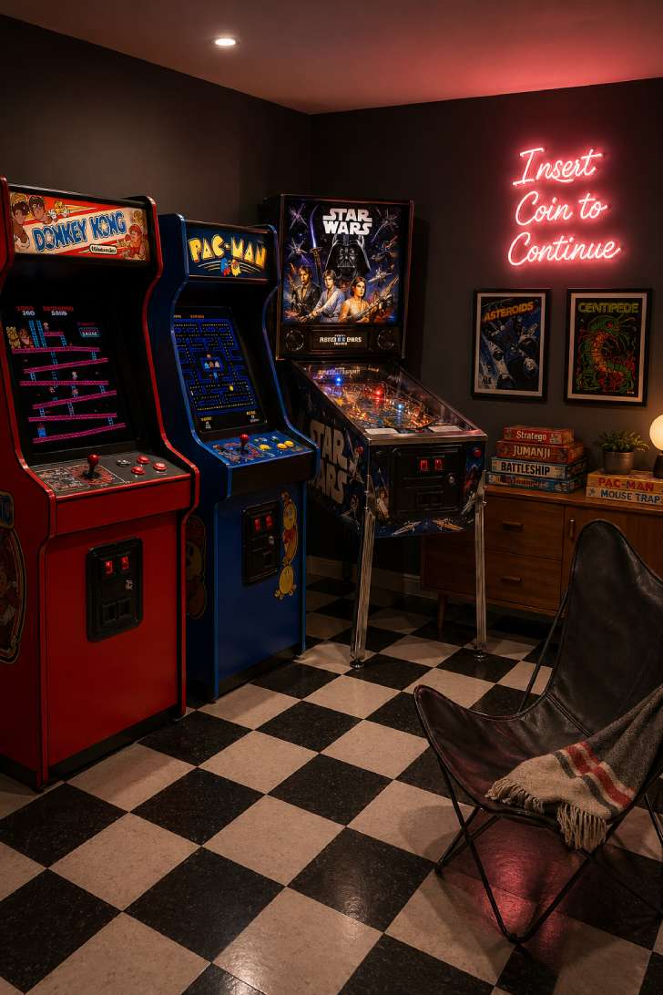 A retro arcade corner in a basement with vintage arcade cabinets, a pinball machine, checkered floor, and neon signage.