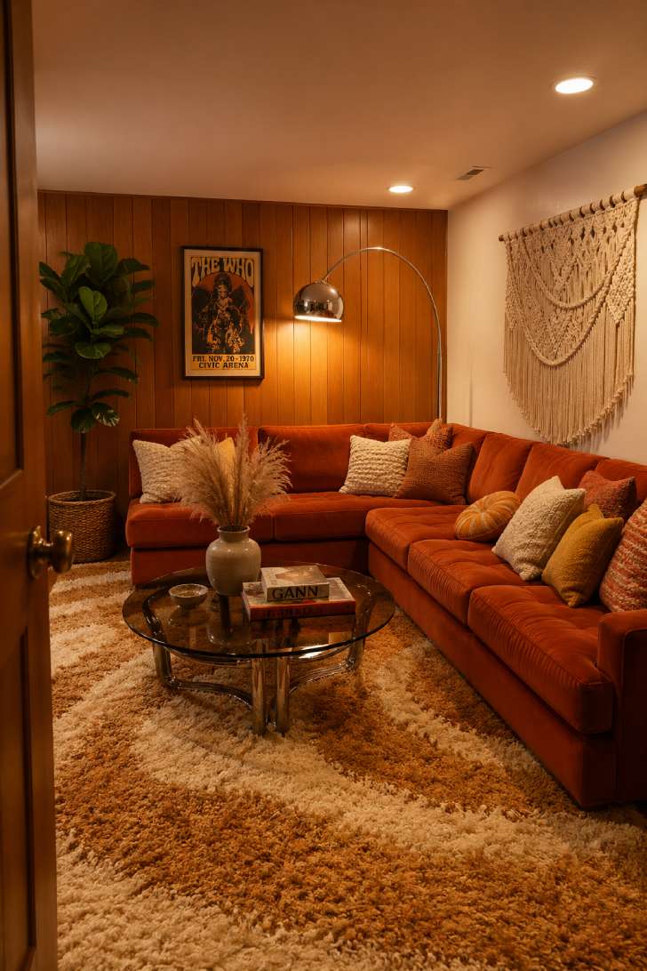 A 70s-inspired retro basement living room with a rust velvet sectional, wood paneling, smoked glass coffee table, and macramé wall hanging.